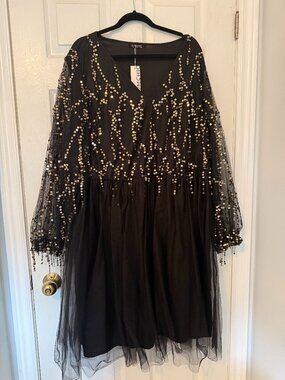 BloomChic Plus Size US 26 Black & Gold Sequin Tulle Dress